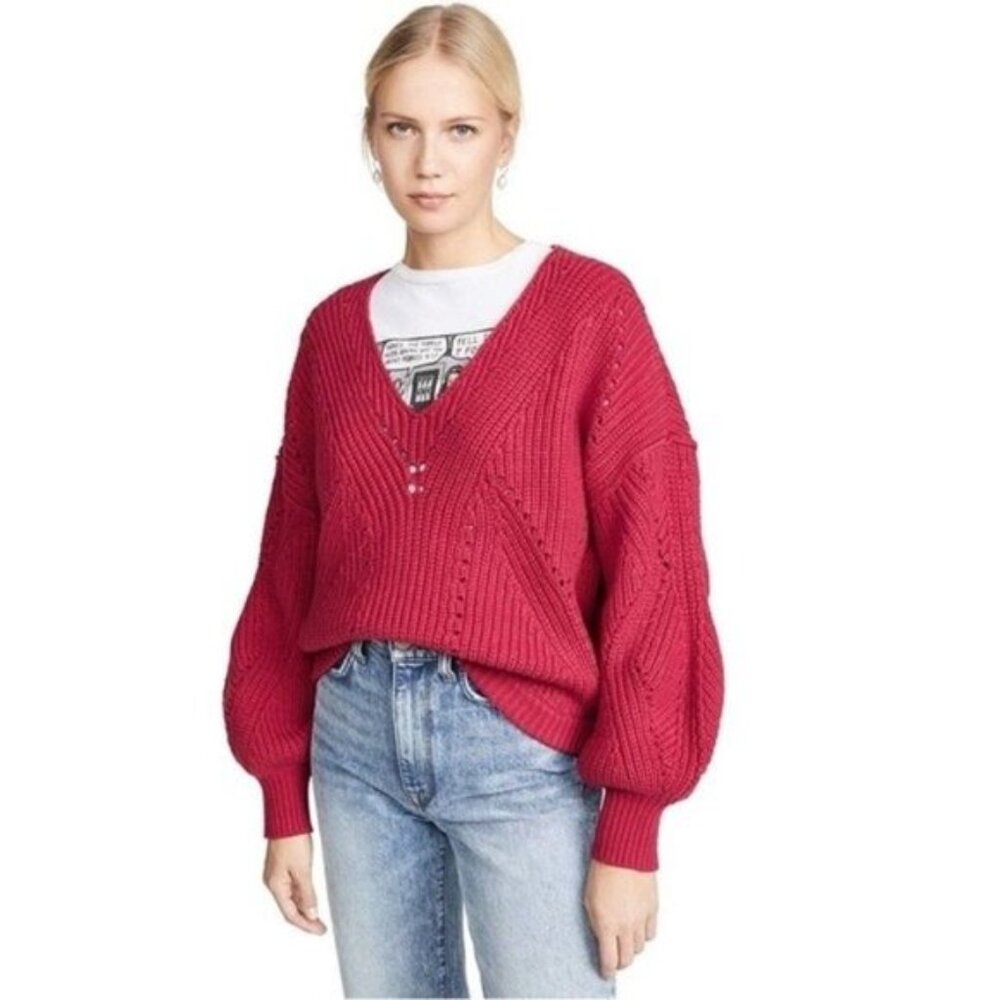 Free People Oversized Knit All Day Long Vneck Sweater in Fuego Rosa